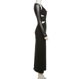 Black Long Sleeve Slash Shoulder Cut Out Mesh Patchwork Maxi Bodycon Dress