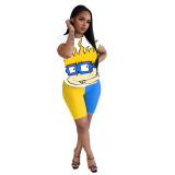 Cartoon Printed Tee Contrast Color Two Piece Shorts Set
