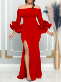 Solid Off Shoulder Sexy Slit Ruffle Sleeve Evening Dress