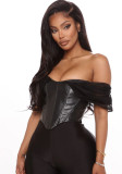 Solid Mesh Sleeve Pu Leather Off Shoulder Short Sleeve Sexy Top