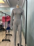 Striped Mesh Patchwork Casual Long Sleeve Sexy Tight Jumpsuit