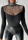 Beaded Mesh Patchwork High Neck Long Sleeve Fashion Top