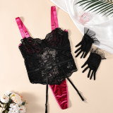 Floral Lace Mesh Patchwork Hollow Backless Sexy Teddies Lingerie with Gloves