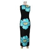 Casual Round Neck Sleeveless Floral Printed Maxi Dress