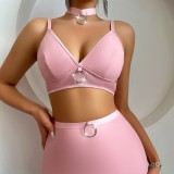 Pink O-Ring Sexy Bra Skirt Set With Thong