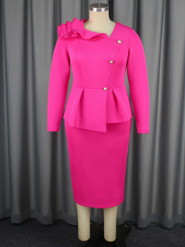Hot Pink Irregular Collar Long Sleeve Layered Peplum High-Waist Midi Dress
