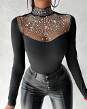 Beaded Mesh Patchwork High Neck Long Sleeve Fashion Top