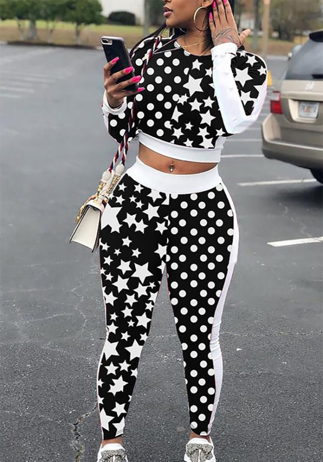 Trendy Polka Dot and Star Printed Slim Sexy Plus Size 2PCS Pants Set