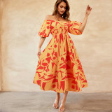 Sexy Off Shoulder Puff Sleeve Floral Chic Swing Dress