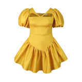 Yellow Puff Sleeve Cut Out High Waist Party Dress