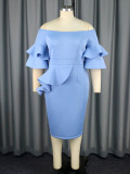 Blue Off Shoulder Ruffle Sleeve Bodycon Party Dress