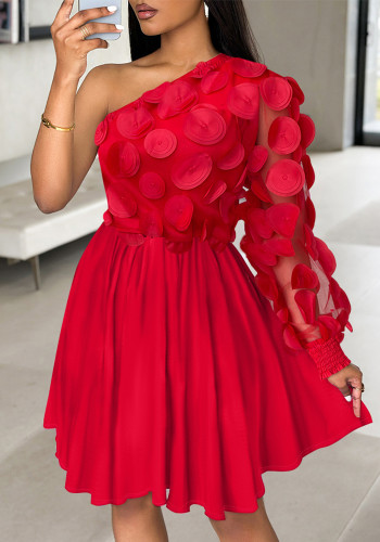 Fashion Red Mesh Patchwork Slash Shoulder One Sleeve Dress