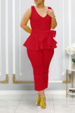Solid V-Neck Sleeveless Belted Top Two-Piece Pants Set