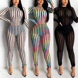 Striped Mesh Patchwork Casual Long Sleeve Sexy Tight Jumpsuit