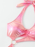 Pink Shiny O-Ring Cut Out One Piece Swimsuit