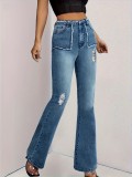 High Waist Patchwork Raw Edge Pockets Ripped Denim Pants Womens Jeans