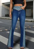 Trendy Patchwork Contrast Color High Waist Bell-Bottom Denim Pants