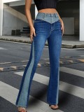 Trendy Patchwork Contrast Color High Waist Bell-Bottom Denim Pants