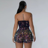 Sexy Sequin Strapless Zip Up Party Short Rompers