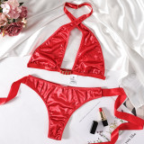 Red Cross Halter Neck Low Back Bra Lace-Up Bow Sexy Lingerie Set