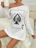 Sexy Poker Print Slash Shoulder Long Sleeve T-Shirt Dress Loungewear