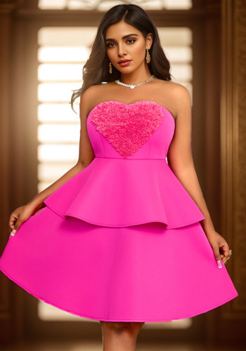 Hot Pink Heart-Decor Strapless Ruffles Layered Dress