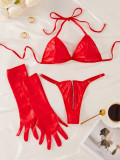 Red Halter PU Leather Bra Top Zipper Panty Sexy Lingerie Set with Gloves