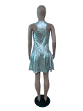 Shiny Silver Sleeveless Pleated Dress