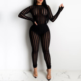 Striped Mesh Patchwork Casual Long Sleeve Sexy Tight Jumpsuit