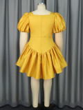 Yellow Puff Sleeve Cut Out High Waist Party Dress