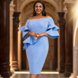 Blue Off Shoulder Ruffle Sleeve Bodycon Party Dress
