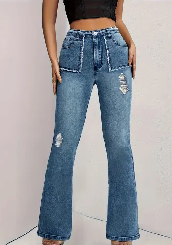 High Waist Patchwork Raw Edge Pockets Ripped Denim Pants Womens Jeans