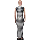 Fashion Sleeveless White and Black Print Long Bodycon Dress