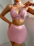 Pink O-Ring Sexy Bra Skirt Set With Thong