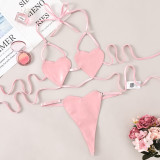 Pink PU Leather Heart Shaped Patchwork Halter Sexy Lingerie Set
