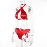 Red Cross Halter Neck Low Back Bra Lace-Up Bow Sexy Lingerie Set