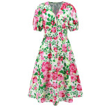 Floral Print V-Neck Short Sleeve Boho A-Line Dress