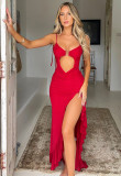 Lace-Up Backless Cut Out Slit Ruffles Long Bodycon Dress