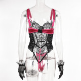 Floral Lace Mesh Patchwork Hollow Backless Sexy Teddies Lingerie with Gloves