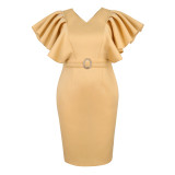 Solid V-Neck Pleated Ruffle Sleeve High-Waist Belted Midi Dress