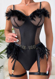 Fishnet Patchwork See-Through Feather Sexy Lingerie Set