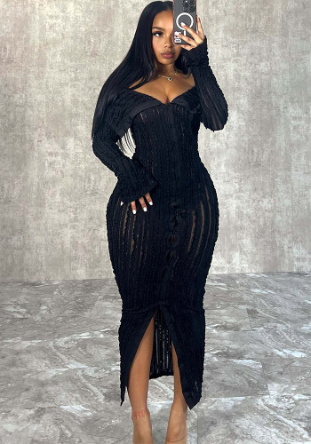 Sexy Turn Down Collar Off Shoulder Button Long Sleeve Maxi Dress