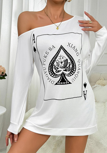 Sexy Poker Print Slash Shoulder Long Sleeve T-Shirt Dress Loungewear