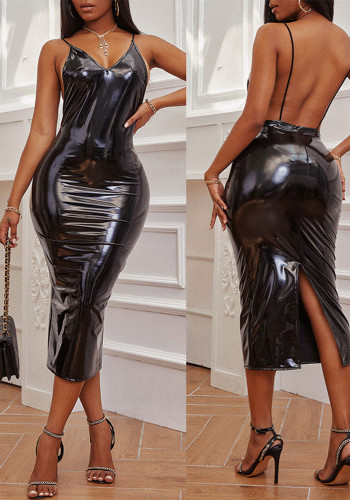Black PU Leather V Neck Sexy Backless Bodycon Cami Dress