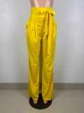 Yellow High Waisted Casual Tie Wide Leg Pants