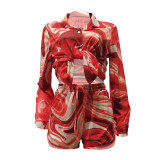 Print Silk Long Sleeve Blouse and Shorts 2PCS Set