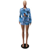 Print Silk Long Sleeve Blouse and Shorts 2PCS Set