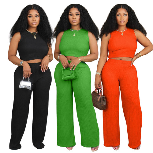 Solid Cropped Tank Top Wide Leg Pants Casual Two Piece Set