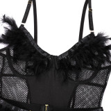 Fishnet Patchwork See-Through Feather Sexy Lingerie Set