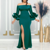 Solid Off Shoulder Sexy Slit Ruffle Sleeve Evening Dress